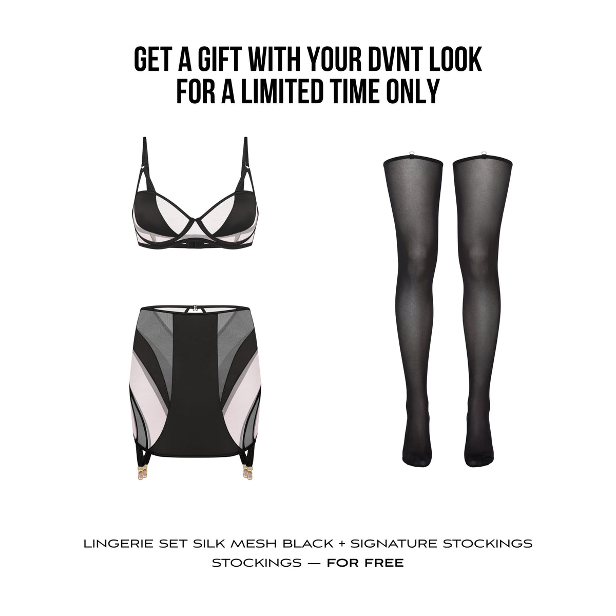 Lingerie Set Silk Mesh black + FREE Stockings