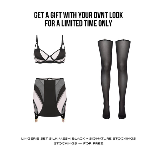 Lingerie Set Silk Mesh black + FREE Stockings