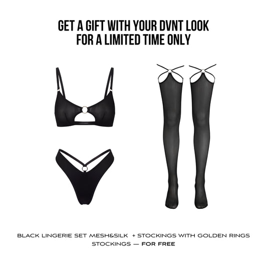 Black Lingerie Set Mesh&Silk + Free stockings