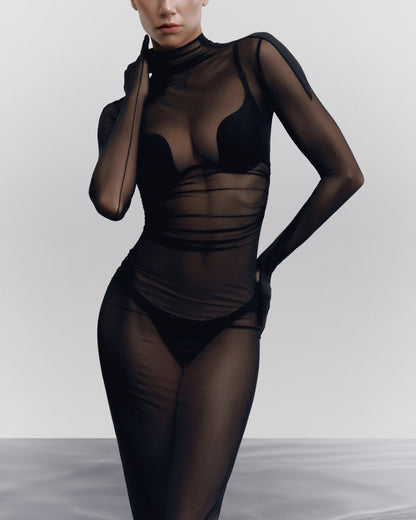 DVNT Sheer Mesh Maxi Dress with Glove Sleeves ILLUSION