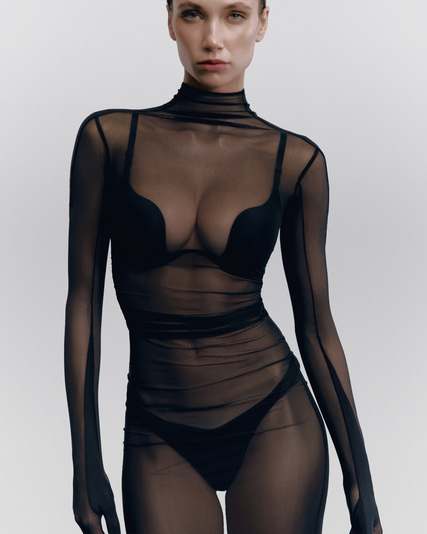 DVNT Sheer Mesh Maxi Dress with Glove Sleeves ILLUSION