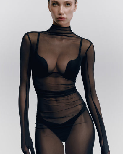DVNT Sheer Mesh Maxi Dress with Glove Sleeves ILLUSION