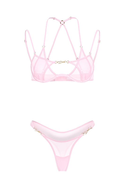 DVNT Barbie Pink Sheer Mesh Lingerie Set with Strappy Bra and High-Cut Thong LOLA