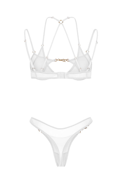 DVNT White Sheer Mesh Lingerie Set with Strappy Bra and High-Cut Thong LOLA