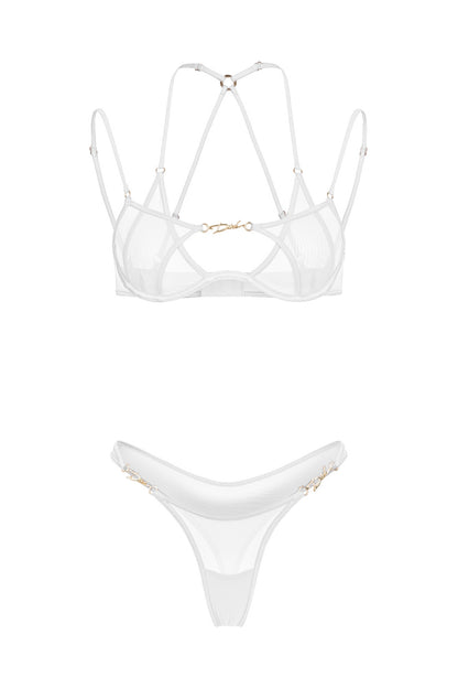 DVNT White Sheer Mesh Lingerie Set with Strappy Bra and High-Cut Thong LOLA