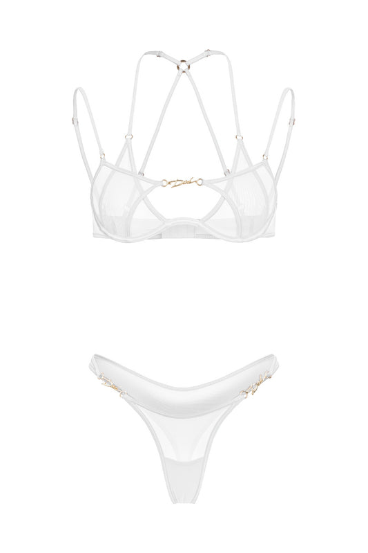 DVNT White Sheer Mesh Lingerie Set with Strappy Bra and High-Cut Thong LOLA