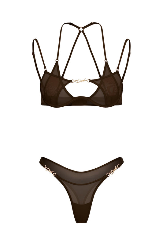 DVNT Chocolate Sheer Mesh Lingerie Set with Strapy Bra and High-Cut Thong LOLA